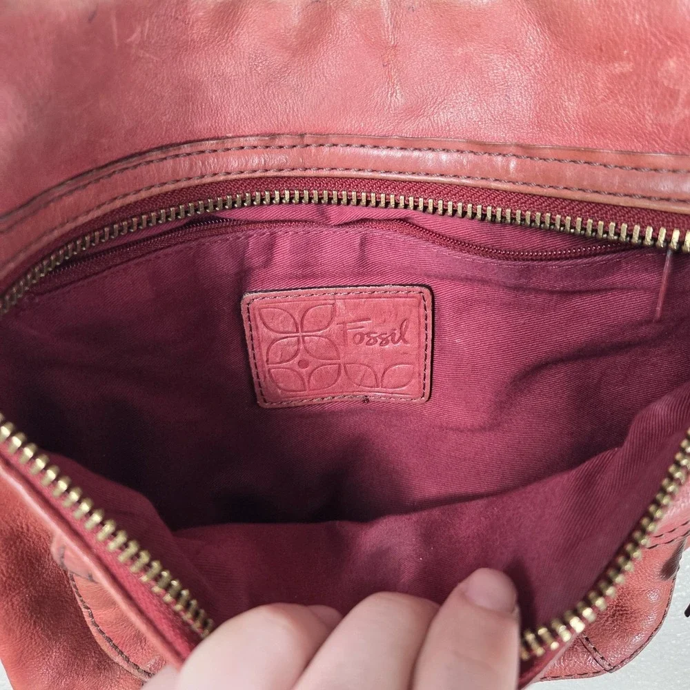 Fossil Brown Leather Crossbody Bag Organizer Pocket Zip Top Purse‎